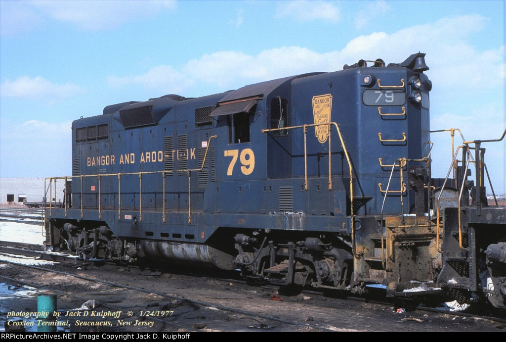 Banger and Aroostook, BAR GP9 79, was on lease to early Conrail and is at the ex-Erie Croxton Terminal in Seacaucus, New Jersey. January 24, 1977. 